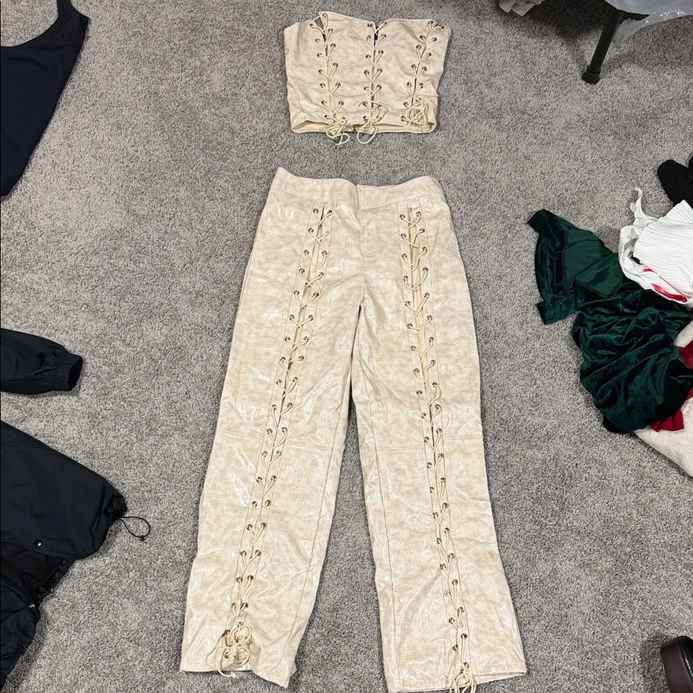 Fashion Nova Cream Lace-Up Pants Set